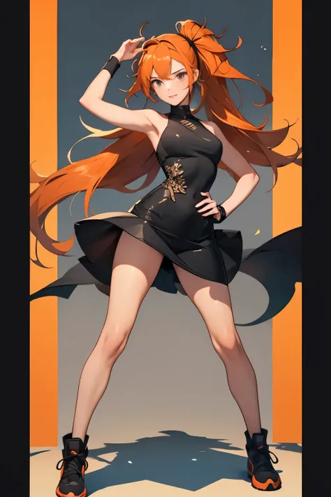 20 year old woman, trainer pokemon DRESS, two ponytails,long hair, hair orange with black color,pose batalla, full body
