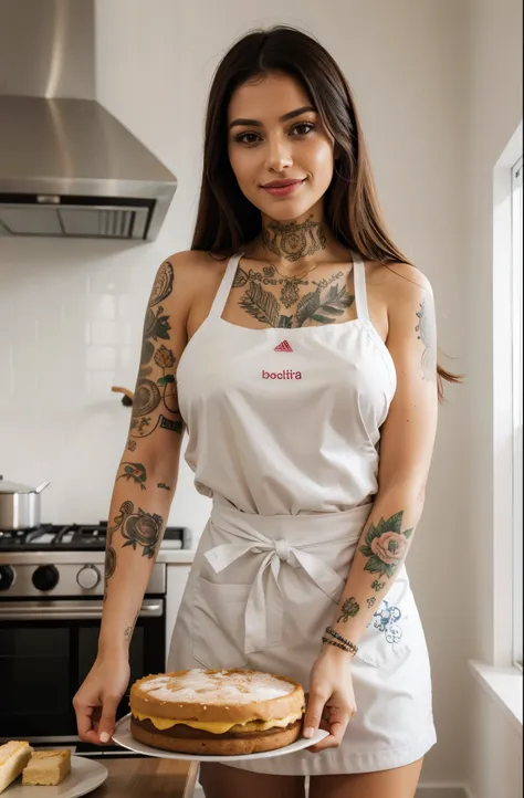 masterpiece, best quality, extremely detailed, hyperrealistic, photorealistic, a pretty brazilian woman, with various tattoos, baking cake:1.1, kitchen, plain apron:1.2, ultra detailed face, detailed eyes, pointy nose, smiling