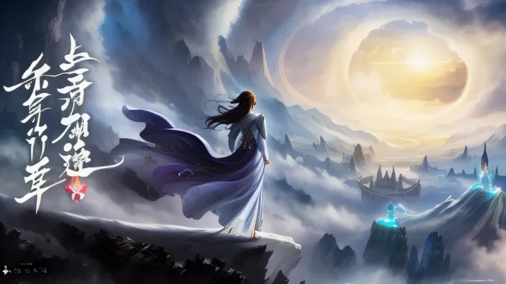 Close-up of a woman wearing a long dress standing on a cliff, anime epic artwork, Epic Fantasy Art Style HD, stunning fantasy art, wide angle fantasy art, dramatic fantasy art, Epic fantasy digital art style, Anime fantasy artwork, High quality fantasy art...