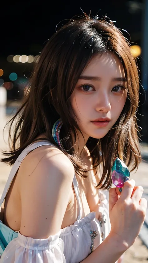 Masterpiece, 4K, bokeh, Photorealistic, high school girl sitting on the beach, (Japanese idle:1.6), Lightbrown long hair, Light brown eyes, Plump breast, Looking at the viewer, Blushed face, Close up, (Silver metallic dress), (Gemstones decoration:1.6, Col...