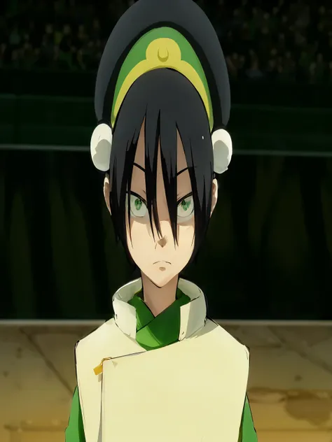 anime character with black hair and green and white outfit standing in front of a crowd, toph bei fong, atla, yan, as an anime character, avatar image, tataru, anime style”, avatar aang, feng shu, beautiful avatar pictures, inspired by Chen Jiru, avatar th...