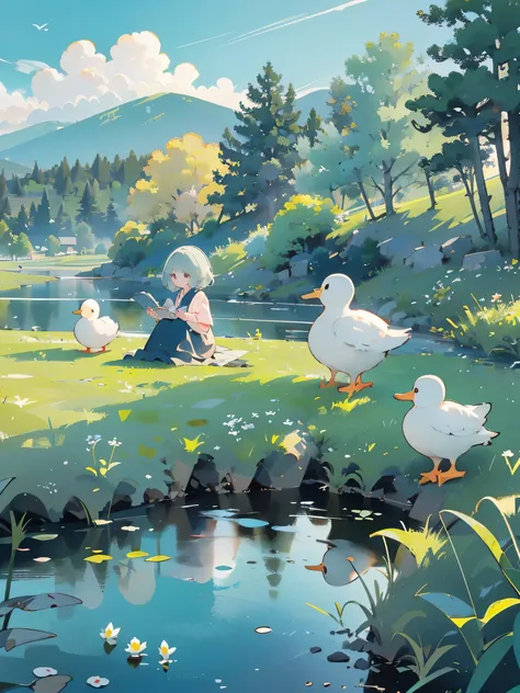 ((A girl sitting by the pond))，(Play in the fields, paddy，Cute ducks, cute girls), Ghibli background style, Yuru Chara Style，Cute storybook illustration, , 柔和的Light, cream, Giorgio Morandi Colors, thick line graph, Full color illustration, Forest picnic, c...