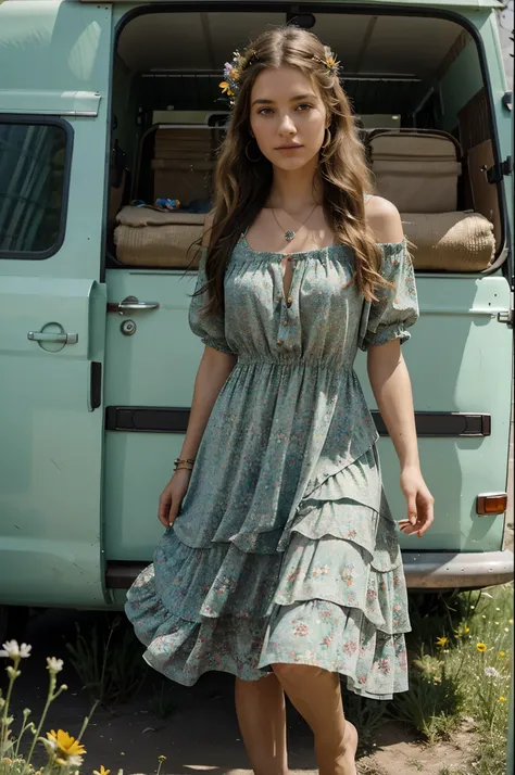 A flower-filled meadow with a vintage camper van in the background Style: Flowy bohemian dress with layered jewelry, barefoot with wildflowers in her hair --photp realistic --hyper detalied -cinematic short 