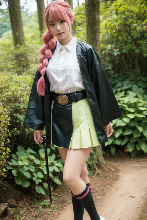 (perfect anatomy),(Demon Slayer Worldview),(Beautiful cosplay of Mitsuri Kanroji),Full body shot from the side,In the forest at dusk,fold your hands and lean forward,mole under eye,pink hair,mole,long hair,colorful hair,Braid,gradient hair,demon slayer uni...