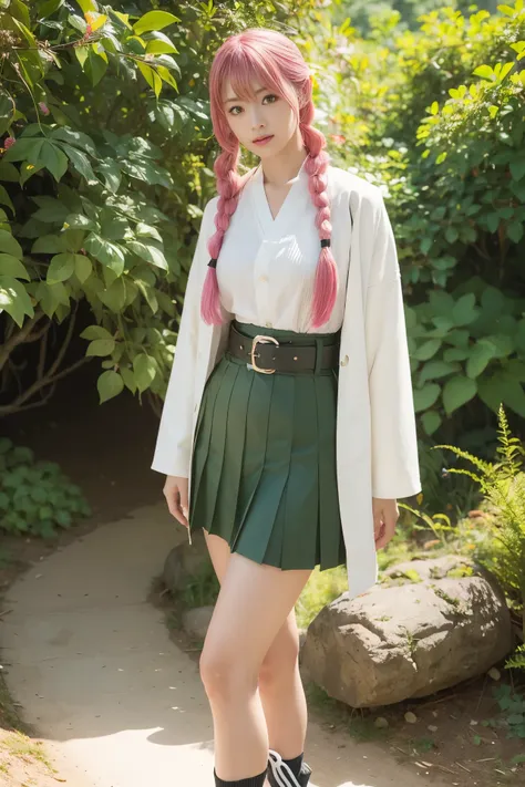 (perfect anatomy),(Demon Slayer Worldview),(Beautiful cosplay of Mitsuri Kanroji),Full body shot from the side,In the forest at dusk,fold your hands and lean forward,mole under eye,pink hair,mole,long hair,colorful hair,Braid,gradient hair,demon slayer uni...