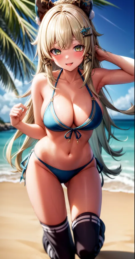 anime, beautiful face, highly detailed face, green detailed eye, highly detailed beach background, best lighting, no shadows, 1girl, solo, outdoors, genshin impact, Kirara, bangs, beautiful long blonde hair, hair ornament, cat ears, absurdres, high res, ul...