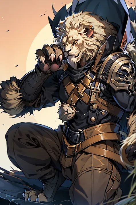 good quality, humanoid lion, furry, a lush mane, mercenary clothing, combat clothing, a lot of growth, claws, (lion's paws:1.5),...