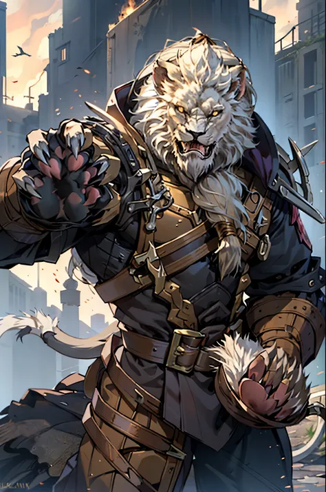 good quality, humanoid lion, furry, a lush mane, mercenary clothing, combat clothing, a lot of growth, claws, (lion's paws:1.5),...