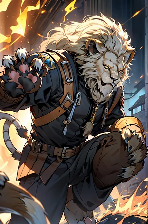 good quality, humanoid lion, furry, a lush mane, mercenary clothing, combat clothing, a lot of growth, claws, (lion's paws:1.5),...