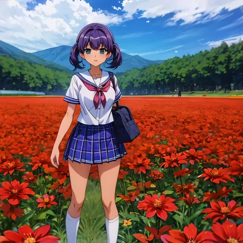 有一个女人standing in the flower field的小路上, wearing a honey themed mini skirt, standing in the flower field, school girl uniform, lov...