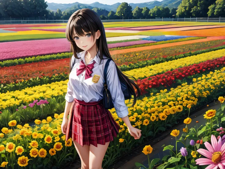 有一个女人standing in the flower field的小路上, wearing a honey themed mini skirt, standing in the flower field, school girl uniform, lov...