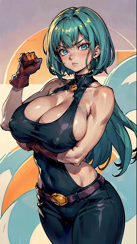 hyper largest_breasts!! with the type of elons, , Waifu, masterpiece, curvy, breasts, random hairs, random colors, full sunset, gloves, 1girl, bulma, cleavage, large breasts, tank top, blue eyes, rating:explicit,rule34, hardcore, tits,,clenched hands, punc...