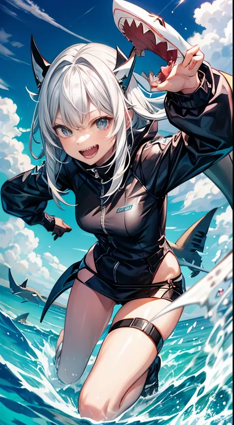 sharkパーカー，shark，jagged teeth，cute，girl，smiling，Happy，white hair