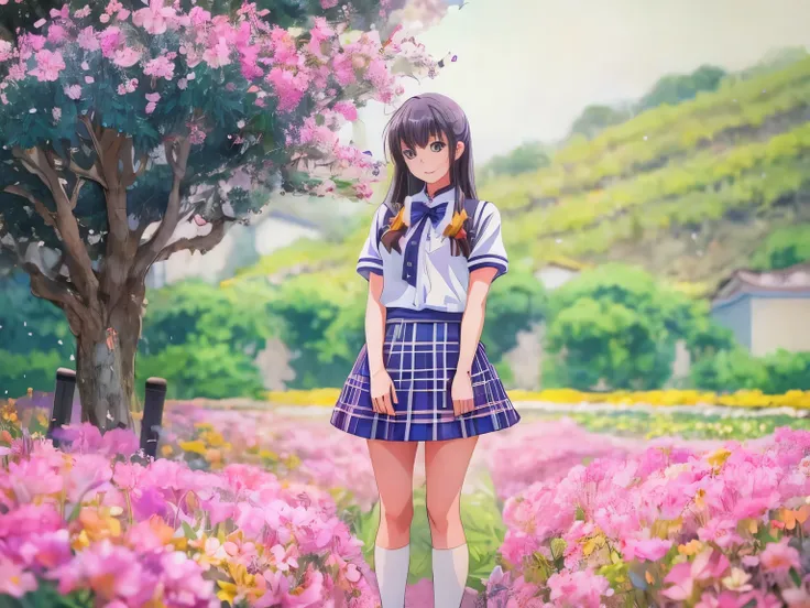 有一个女人standing in the flower field的小路上, wearing a honey themed mini skirt, standing in the flower field, school girl uniform, lov...