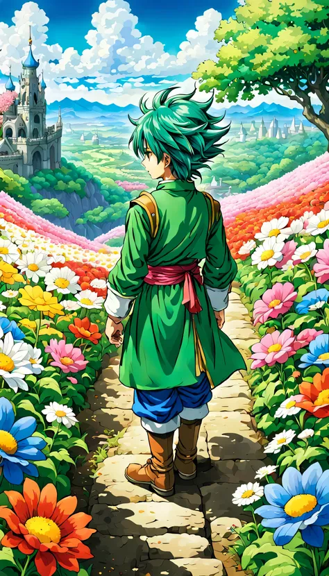一面の花畑のWind景,The main character stands in the center of the flower garden:dragon quest 4,dragon quest 4の主人公:Rear view:male:17 years old,Costume of the brave:be familiar with,He has no time left for sentimentality..,I have to leave this place as soon as poss...