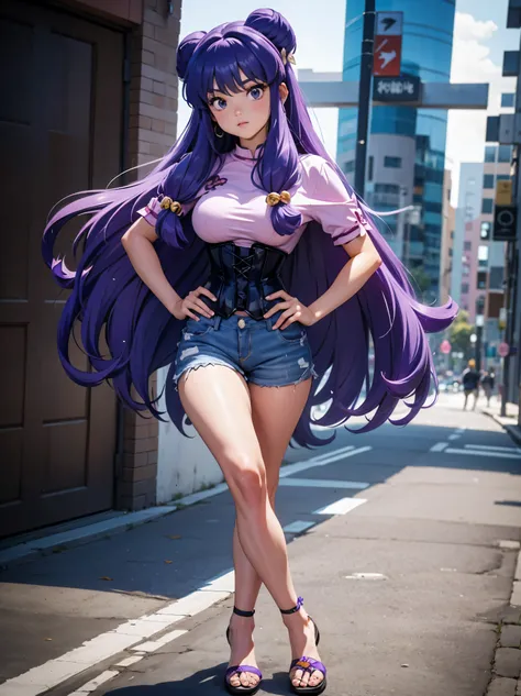 Anime cabelo purple com short jeans e corset rosa pink, 16 anos, corpo bonito, seios grandes, with hands on hips and in hair, hand on ass and hair, Garota sexy, purple cabelo, mechas de cabelo laterais, mechas de cabelo na lateral do rosto, beautiful light...