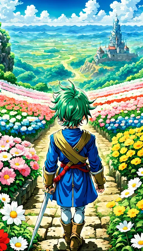 一面の花畑のWind景,The main character stands in the center of the flower garden:dragon quest 4,dragon quest 4の主人公:Rear view:male:17 years old,Costume of the brave:be familiar with,He has no time left for sentimentality..,I have to leave this place as soon as poss...