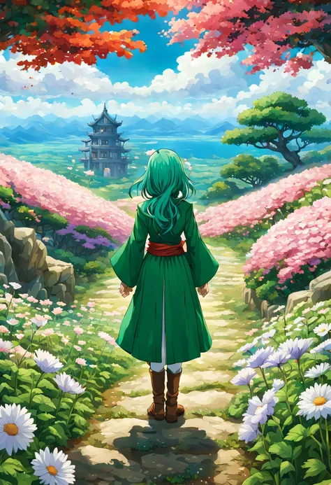 一面の花畑のWind景,The main character stands in the center of the flower garden:dragon quest 4,dragon quest 4の主人公:Rear view,Costume of the brave:be familiar with,He has no time left for sentimentality..,I have to leave this place as soon as possible..,deep sadnes...