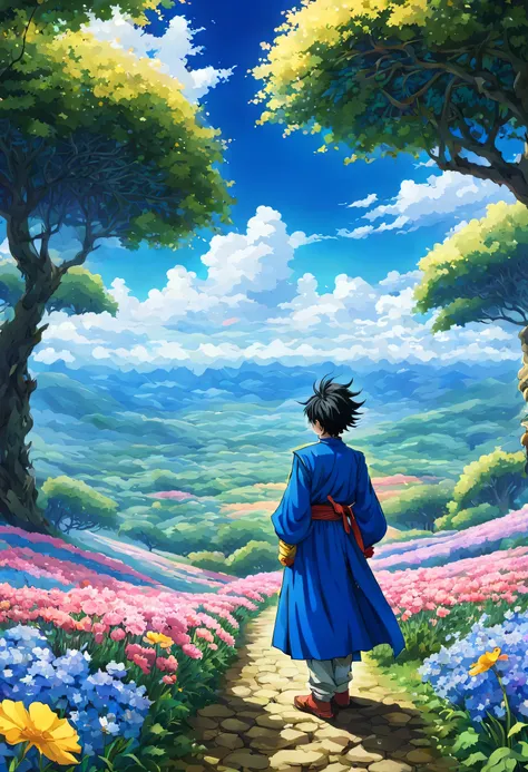 一面の花畑のWind景,The main character stands in the center of the flower garden:dragon quest 4,dragon quest 4の主人公:Rear view,Costume of the brave:be familiar with,He has no time left for sentimentality..,I have to leave this place as soon as possible..,deep sadnes...