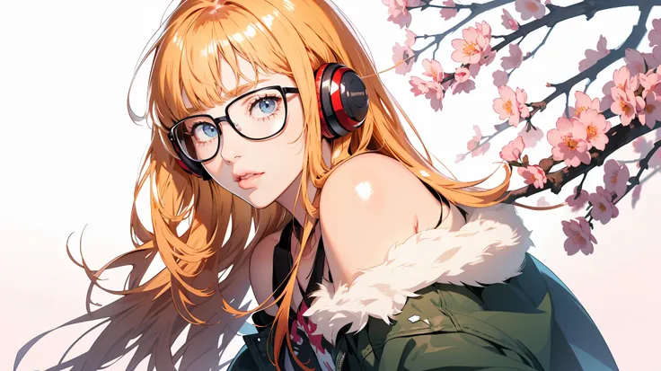 masutepiece, best quality, hight resolution, 1girl in, futaba sakura, blunt bangs, eye glassesの,purple eyes , ahoge,orange color...