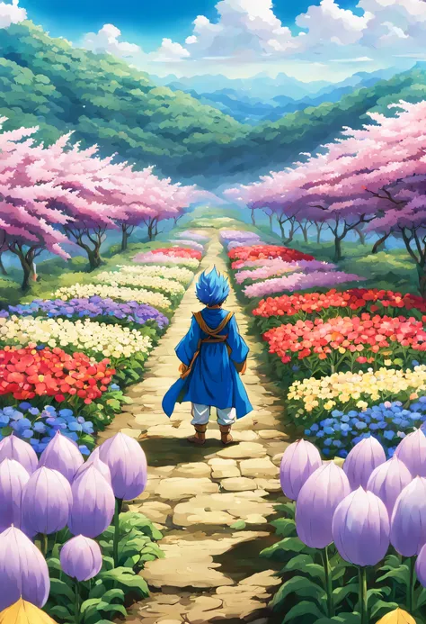 一面の花畑のWind景,The main character stands in the center of the flower garden:dragon quest 4,dragon quest 4の主人公:Rear view,Costume of the brave:be familiar with,He has no time left for sentimentality..,I have to leave this place as soon as possible..,deep sadnes...