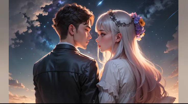 (couple, gaze at the stars, dreamy atmosphere, celestial beauty, sparkling night sky)