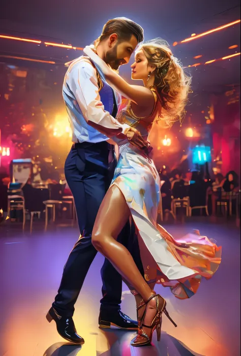 dancing couple is a white european man and a beautiful woman, a stunning couple glides across the dance floor, their bodies movi...