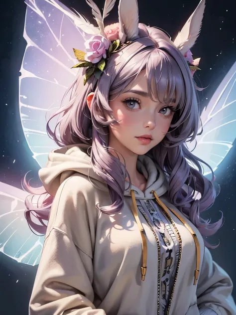 (high quality, 4k, realistic:1.37), vibrant colors, detailed moth girl with a grey outfit resembling moth wings and wrapped around her body. She has beautiful curly hair, hanging bunny ears. Her outfit is adorned with feathers, creating a whimsical and eth...