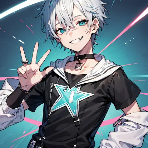 a boy, happy, punk fashion, evil smiling, wink, making a peace sign, very short hair, gray hair, aqua eyes, droopy eyes, tanned skin, choker, boyish