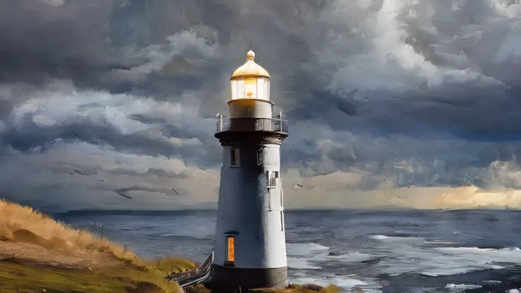 Create an image showcasing the captivating drama of a lighthouse scene on a stormy night. Envision a rugged coastline battered by crashing waves, with dark clouds swirling overhead and flashes of lightning illuminating the tumultuous sky. Amidst the chaos,...