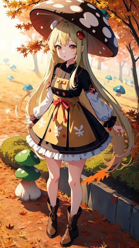 anime girl in a dress and boots standing on a mushroom, an anime drawing by Kamagurka, pixiv, digital art, 🍂 cute, 🍁 cute, auyumn art style, , in a autumn style, splash art anime , kawacy, anime style 4 k, anime visual of a cute girl, autumn theme,