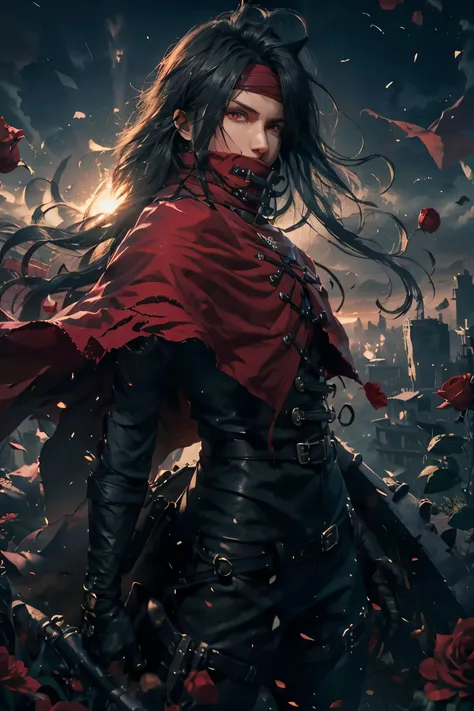 Vincent Valentine,male,Handsome guy,good looking,  long black hair, red eyes, red cloak, red headband, wear the headband deeply,covered mouth, high collar, From above,dark background, machine gun, Surrounded by bullets,dynamic pose,super high quality,super...