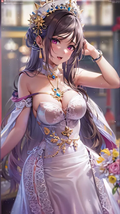 (((wedding dress:china dress:0.3))), (breasts out), ((masterpiece,best quality,official art,extremely detailed CG unity 8k wallpaper)), ((best quality)), masterpiece, (3girls), (((naughty_face))), 