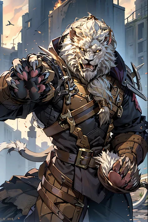 good quality, humanoid lion, Furry, a lush mane, mercenary clothing, Combat clothing, A lot of growth, claws, (Lions paws:1.5), hands clenched into a fist, Medieval town in the background