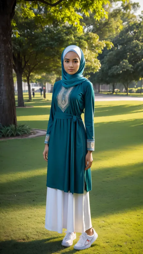 (best quality,highres),full body portrait,tall background,Indonesian boy,beautiful,detailed face features,perfect hijab,muslim women dress,stylish sneakers,standing in a park,feminine pose,graceful expression,facing to viewer,green surroundings,soft sunlig...