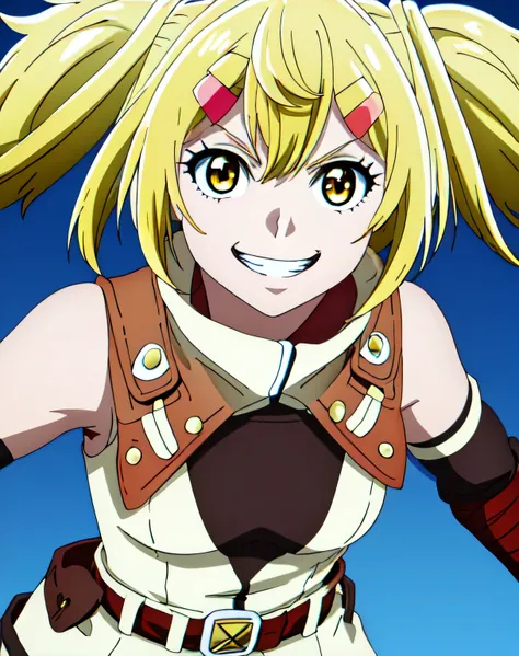 OIKATZO, BLONDE HAIR, HAIR ORNAMENT, TWINTAILS, (YELLOW EYES:1.3), HAIRCLIP, SHORT TWINTAILS, GLOVES, BELT, FINGERLESS GLOVES, RED GLOVES, 1girl, solo, upper body, facing viewer, (looking at viewer:1.5), in the center, smile, teeth, grin
