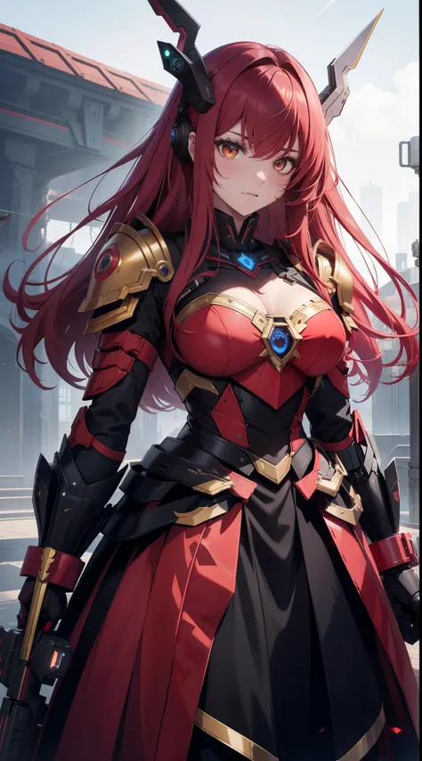 red hairs、1 Female robot、Reddish pinkish dress、Wearing black armor over the dress、place々It is a gold rose design、The skirt of the dress is made of velour fabric、The weapon is a rose thorny gun、There are ring-shaped mines of thorns、The face is covered with ...