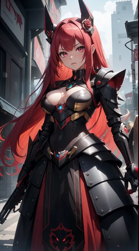 red hairs、1 Female robot、Reddish pinkish dress、Wearing black armor over the dress、place々It is a gold rose design、The skirt of the dress is made of velour fabric、The weapon is a rose thorny gun、There are ring-shaped mines of thorns、The face is covered with ...