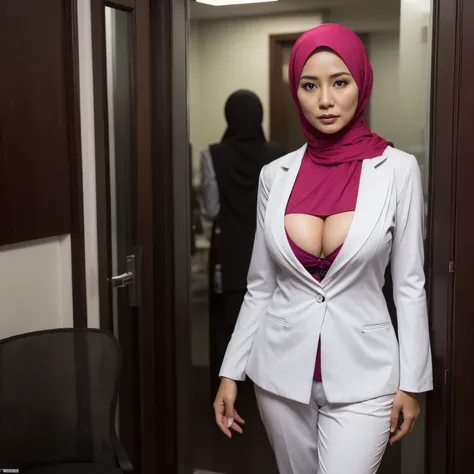 50 years Old, Hijab Indonesian mature woman, Big Tits : 32.9, doctor suit,, Breast about To burst out from her clothes, at doctor office, Dark light, at Nighttime.