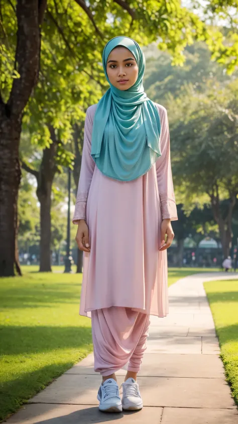 (best quality,highres),full body portrait,tall background,Indonesian boy,beautiful,detailed face features,perfect hijab,muslim women dress, pastel colored clothes,stylish sneakers,standing in a park,feminine pose,graceful expression,facing to viewer,body f...