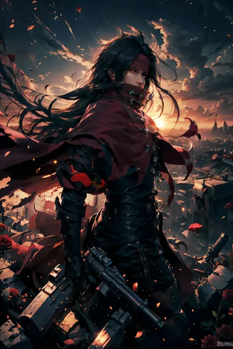 Vincent Valentine,male,Handsome guy,good looking,  long black hair, red eyes, red cloak, red headband, wear the headband deeply,covered mouth, high collar, From above,dark background, machine gun, Surrounded by bullets,dynamic pose,super high quality,super...