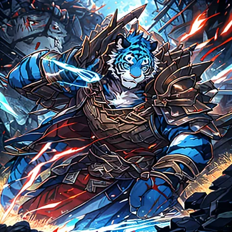 best quality, masterpiece, blue eyes, blue fur，tiger，Blue Tiger，Good figure，The expression is sad，Armored，Clothes are damaged，There is blood on the body，bloody battle，On the war zone，Fighting