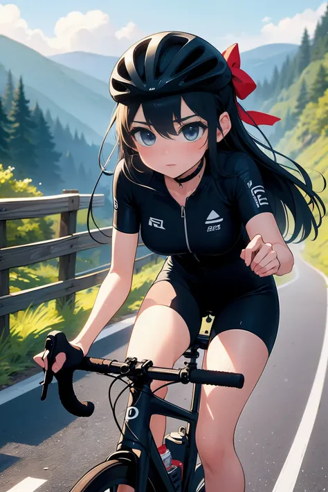 (((masterpiece))), (((highest quality))), (((ride a road bike))), downhill, Steep, Eye mask, earphone, Cycling Shorts, Wind, speed line effect, alone, 1 girl, ribbon, long hair, Split, big breasts, shy. blush,