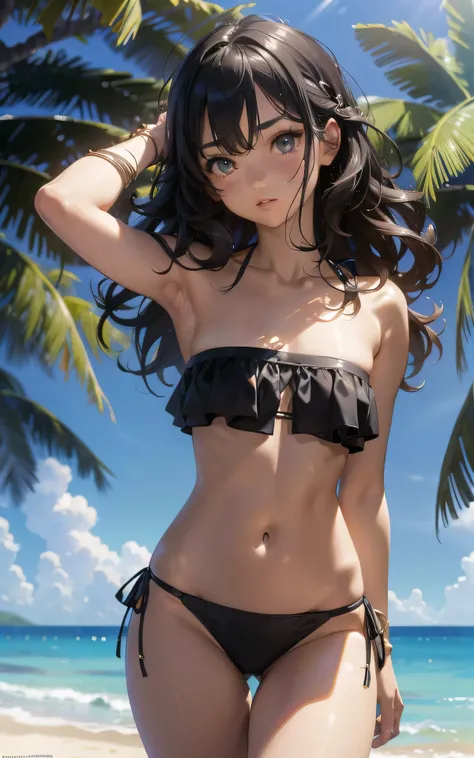 absurderes:2.0、dramatic angle、(bandeau bikini, above the knee:1.3、Sunlight)、realistic, Unity 8K Wallpaper, Masterpiece, Realistic face, Realistic skin feeling ,detailed hair, highly detailed, realistic glistening skin, Cute Girl, Perfect face, ((flat chest...