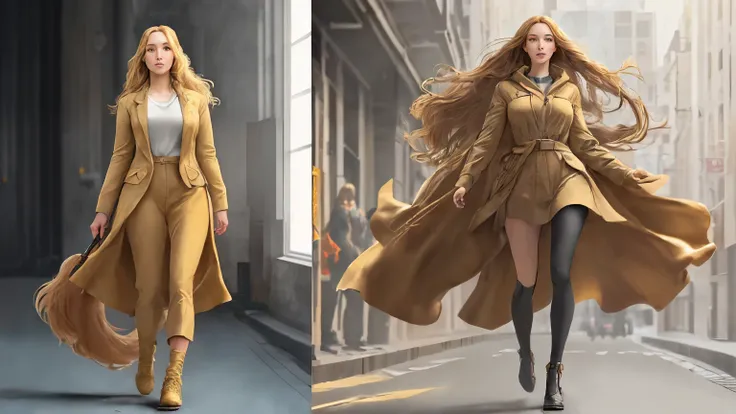 Change the woman&#39;s appearance to the left and she is walking looking from right to left.. And the golden retriever has to be bigger than the original picture.. And I hope the drawing style is hyper-realistic.. When framing the woman, don&#39;t hold her...