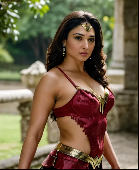 foto raw, raw photograph of tamanna bhatia, as diana prince, extremely gorgeous lady, wearing wonder woman black armor suit,wond...