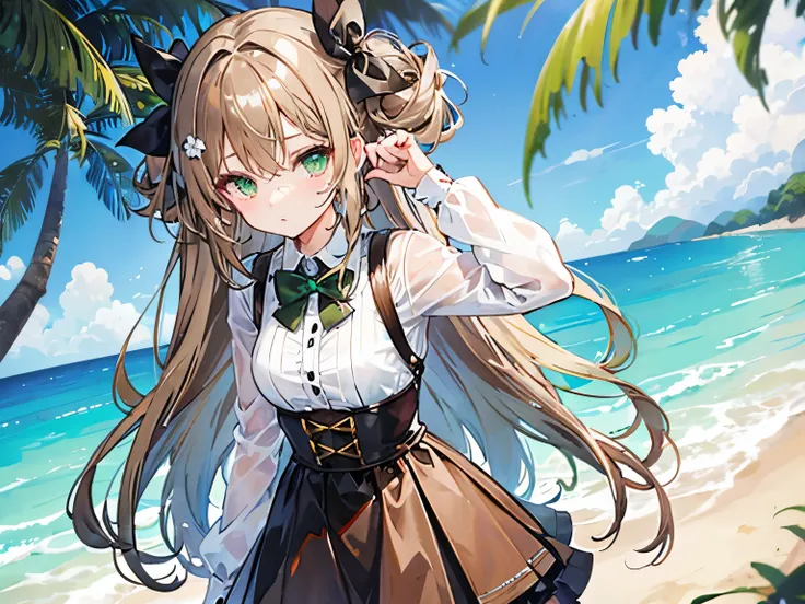 light brown hair girl, shyุ 25 ปี,  fit, light green eyes, long hair,Green braid tied in bows left and right........small breasts, Wear a white shirt.....wet, Wear a black miniskirt..... From America...,(shy).....The background is a sandy beach... Picture ...