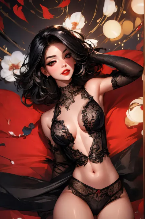 1girl,a beautiful fashion model ,(masterpiece, detailed background, best quality),short and shiny hair, black hair,smirk,juicy lips,red lips, lingerie, stripping, elegant makeup, exhibitionism, torn lace bodysuit outfit, eyeliner, beautiful influencer