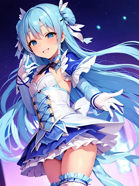 high quality，masterpiece。Cute blue haired human crossdresser，His hairstyle is short side tail，There are no ears on the head。He stands upright with his face and body facing the viewer.，true identity。he has nothing in his hands，Do not pose your hands。he look...