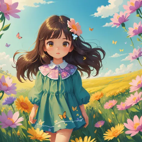 (best quality, masterpiece), 1 girl , wind, in a field of blooming flowers,（surrounded by flowers），butterflies flying，（sea of fl...